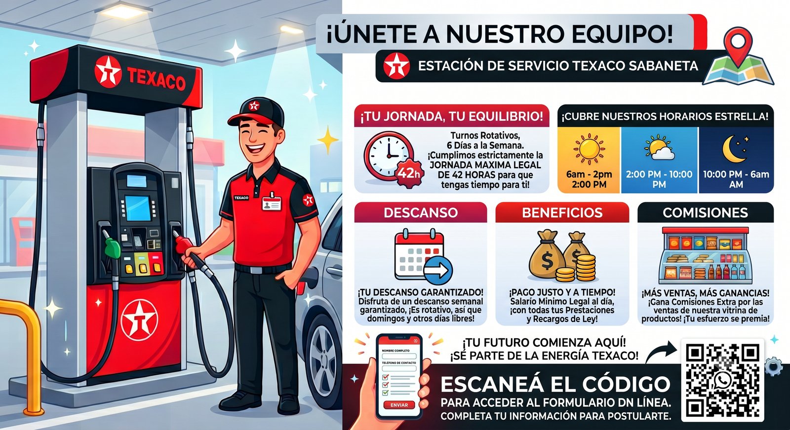 Vacante Estación de Servicio Texaco Sabaneta: turnos rotativos 6 días a la semana, jornada máxima legal de 42 horas, descanso semanal garantizado, salario mínimo legal con prestaciones y recargos de ley, comisiones extra por ventas de la vitrina de productos.